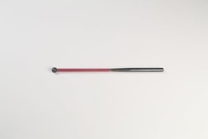 Metal cylinder shaped like a baseball bat with a small black knob at the end  and red tubing for grip.