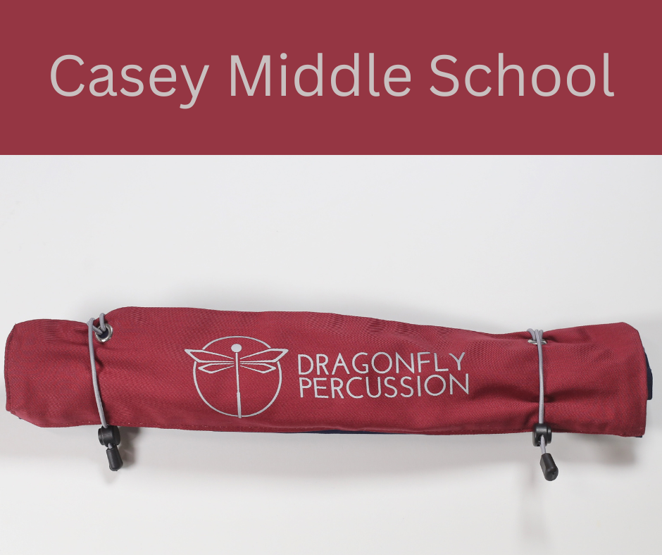 Red rolled up stick case with the Dragonfly logo.  Text above the bag says "Casey Middle School"