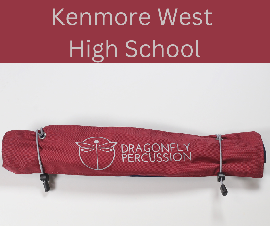 Red rolled up stick case with the Dragonfly logo.  Text above the bag says "Kenmore West High School"
