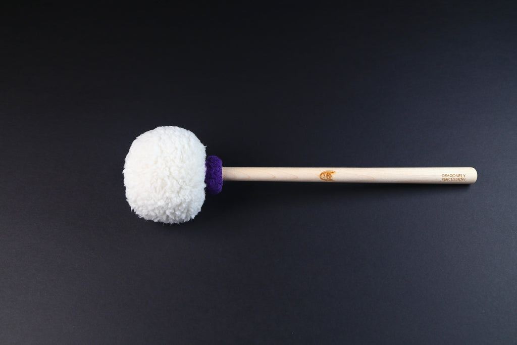 Mike Tamburo Medium Mallet.  Wooden handle with medium head covered in white sherpa.