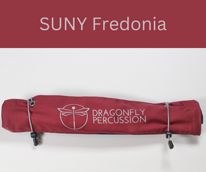 Red rolled up stick case with the Dragonfly logo.  Text above the bag says "SUNY Fredonia"