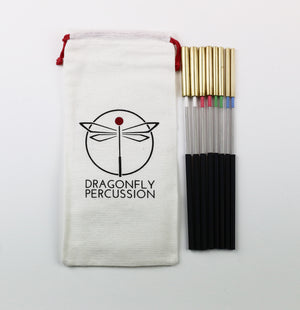 Set of 8 Brass triangle beaters with black grips next to a fabric bag with the Dragonfly logo.